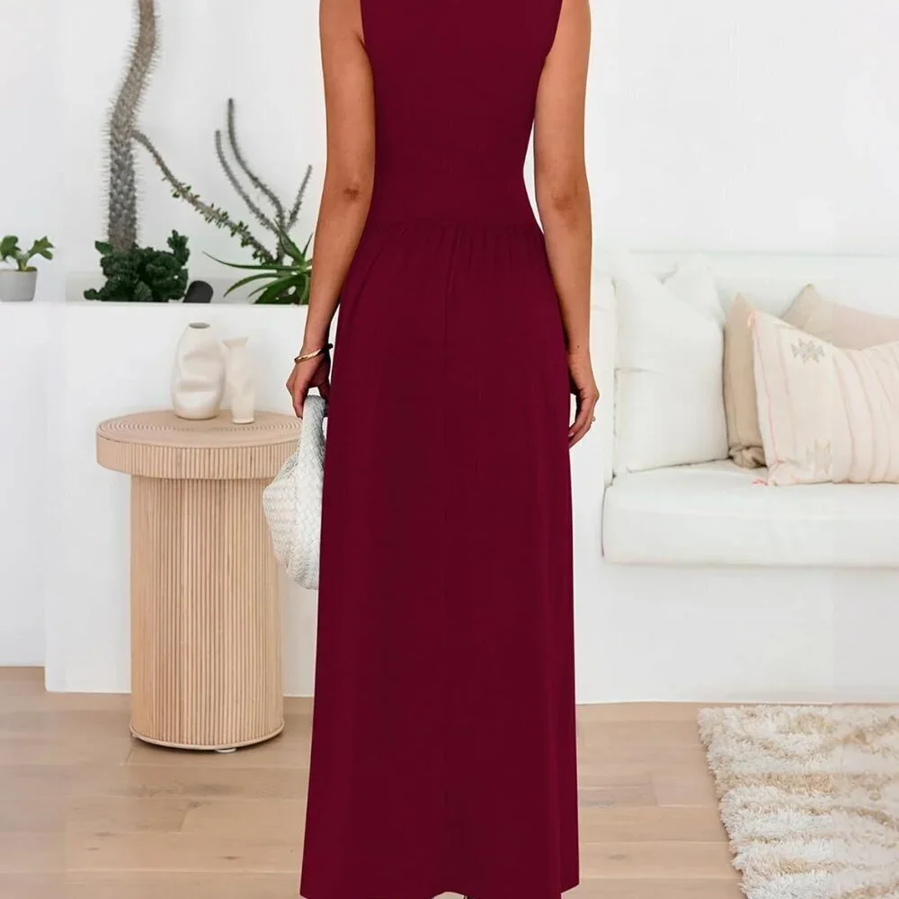 Summer Maxi Dress Women Casual Sleeveless Ruched High Waist Flowy Beach Dress - Picture 3 of 8